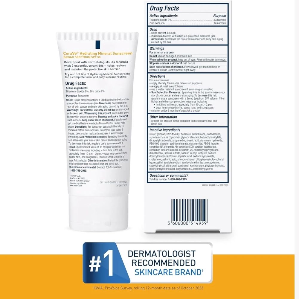 CeraVe 100% Mineral Sunscreen SPF 50 | Face Sunscreen with Zinc Oxide & Titanium Dioxide for Sensitive Skin | 2.5 oz, 1 Pack (Packaging May Vary) - Beauty Elegant