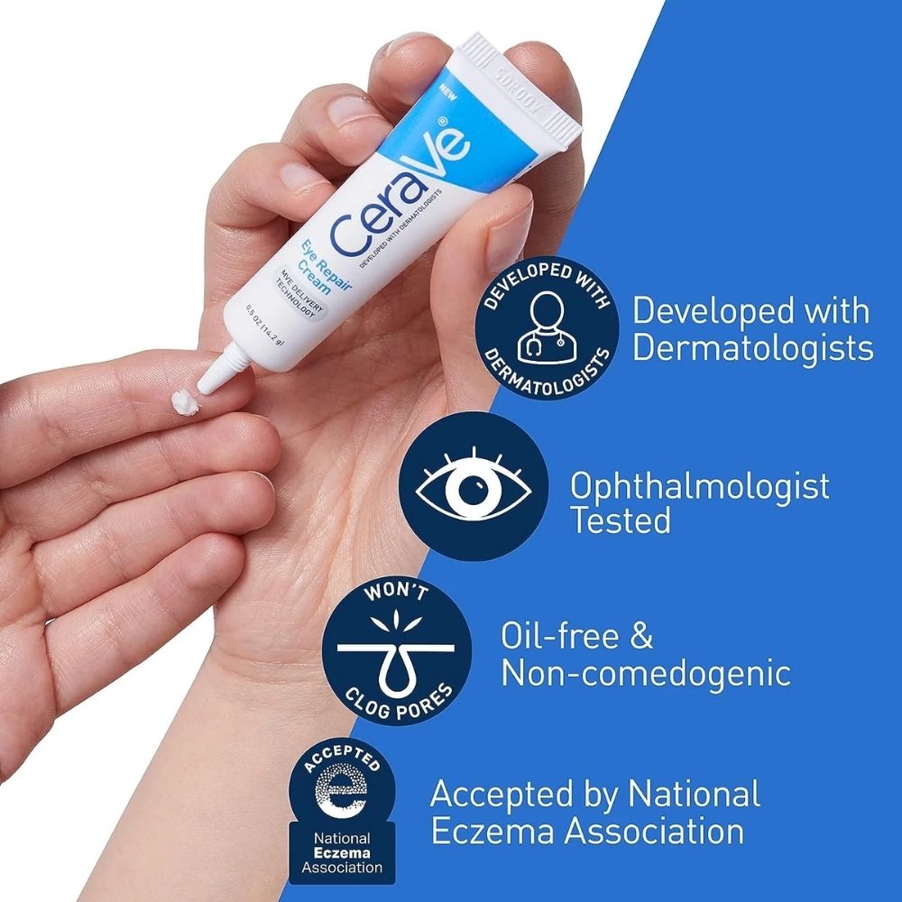 CeraVe Eye Repair Cream | Under Eye Cream for Dark Circles and Puffiness Delicate Skin Under Eye Area with Hyaluronic acid and Ceramides | Non-comedogenic, Fragrance Free | 0.5Oz, 14 ML - Beauty Elegant