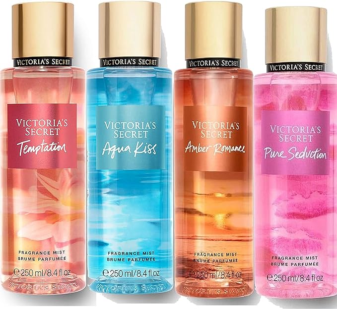 Victoria's Secret Set For Women Amber Romance 250 ML + Aqua Kiss 250 ML + Pure Seduction 250 ML + Temptation 250 ML - Beauty Elegant